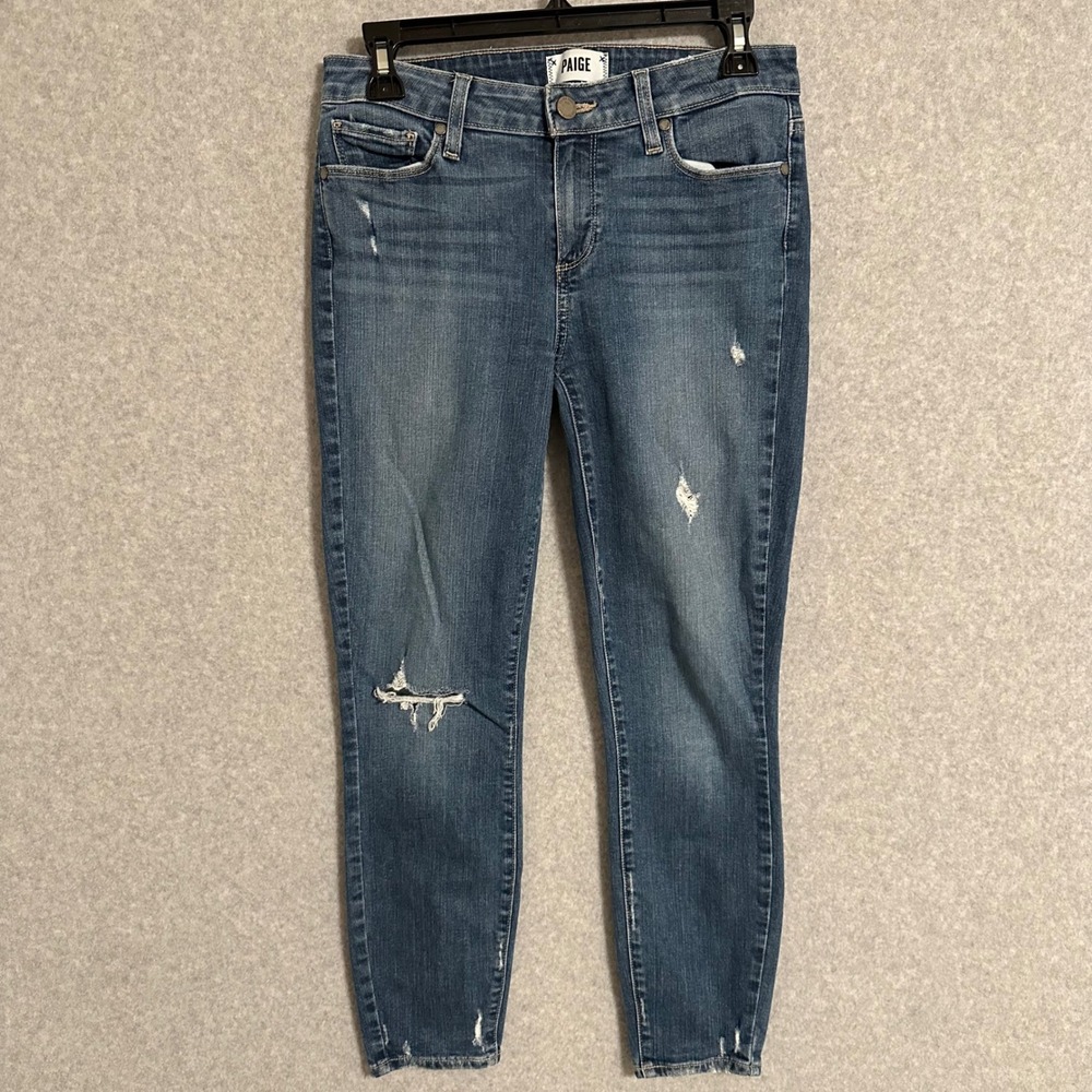 Paige Verdugo Crop Distressed Skinny Jeans Womens 29 Medium Wash Blue Frayed Hem